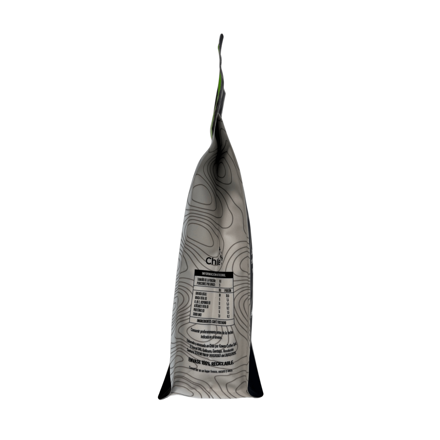 Bolsa de café molido frutal Kawas Colombia de 250g, mostrando detalles del empaque.