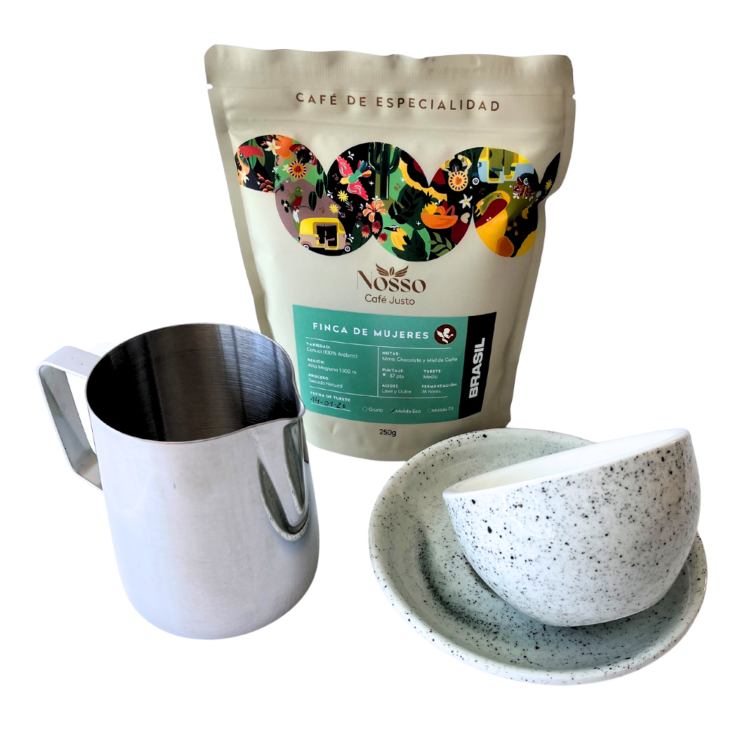 Pack Latte Art Nosso Taza Picher 600 Finca Mujeres 250g