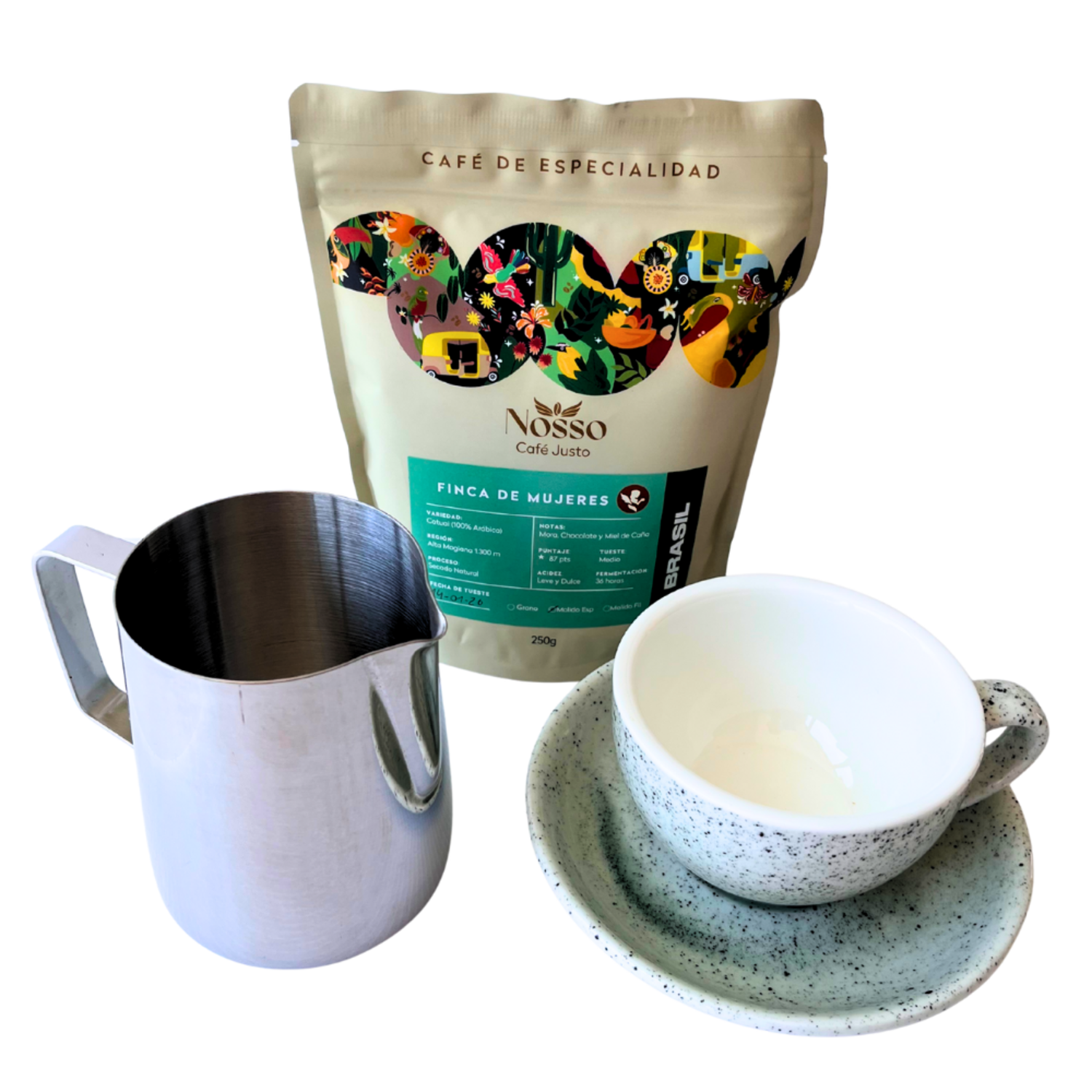 Pack Latte Art Nosso Taza Picher 600 Finca Mujeres 250g