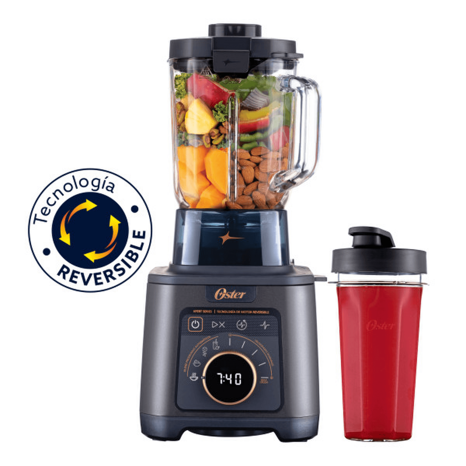 Licuadora Profesional Oster Titan 2200W Vaso Vidrio 2.5L con ingredientes frescos y tecnología reversible.