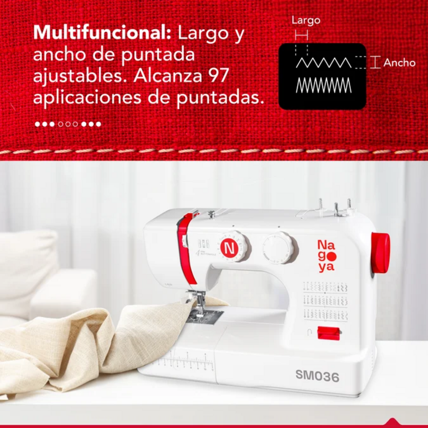 Máquina Coser Nagoya SM036 36 Puntadas Enhebrador Automático con ajuste de largo y ancho de puntada.