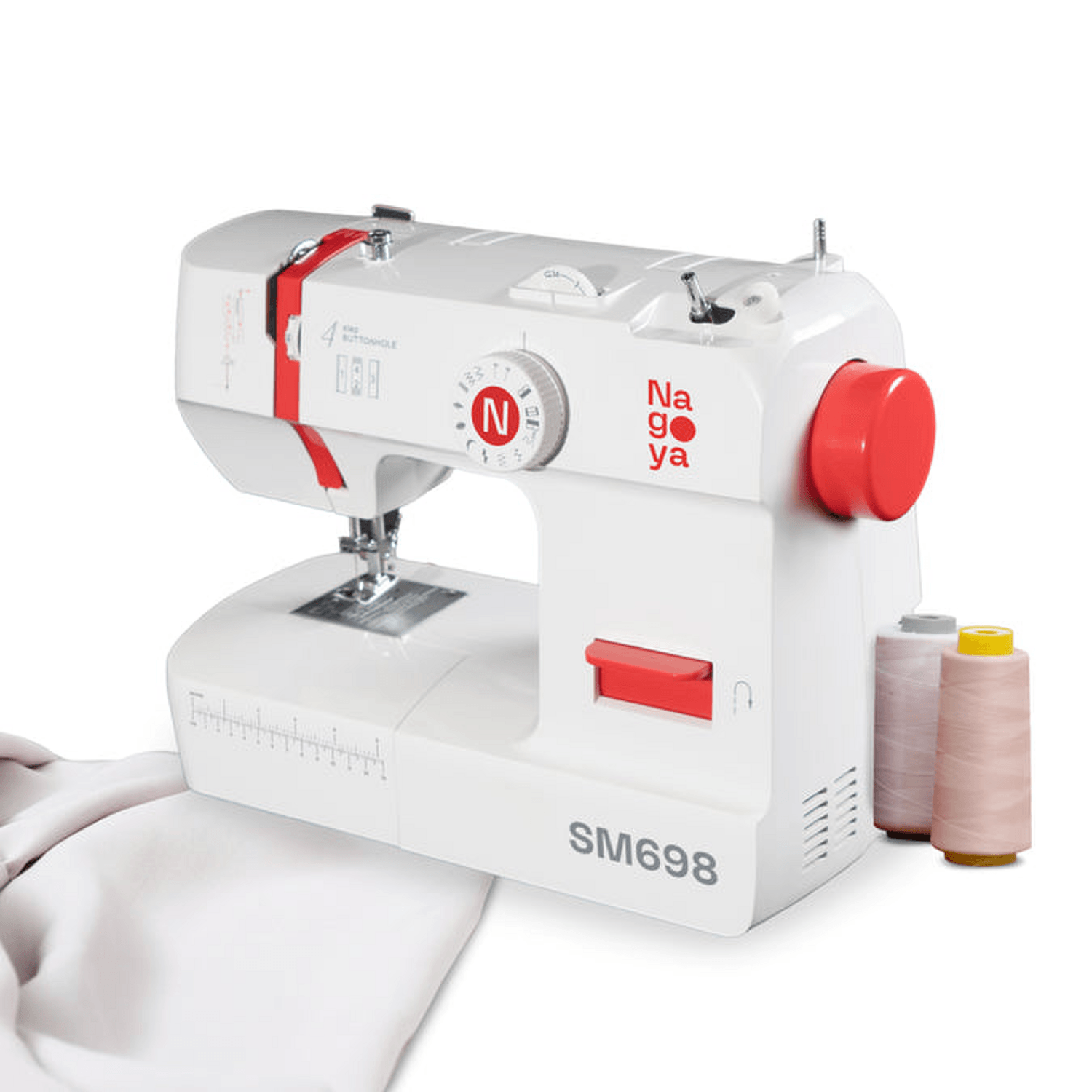 Máquina de Coser Nagoya SM698 12 Puntadas Ojal 4 Pasos LED con hilos y tela
