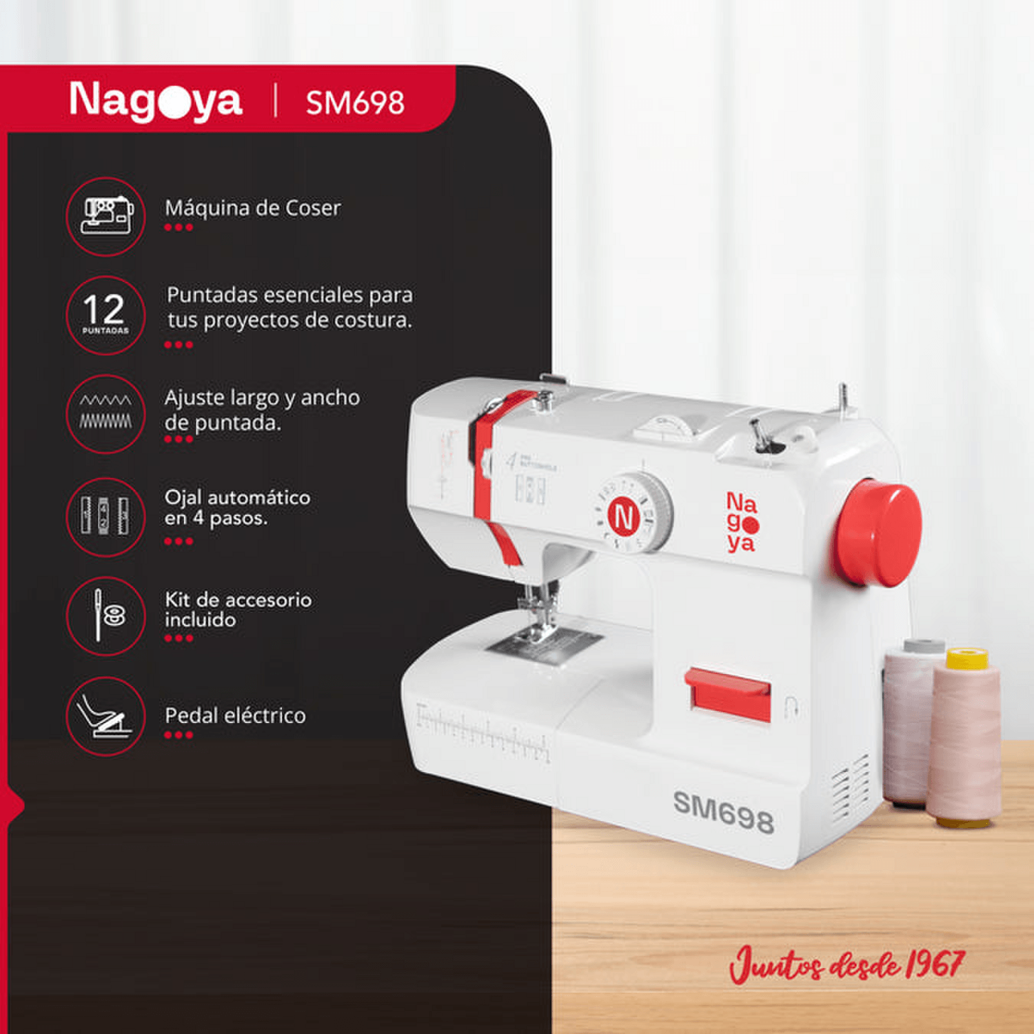 Máquina de Coser Nagoya SM698 12 Puntadas Ojal 4 Pasos LED en imagen con detalles y accesorios.