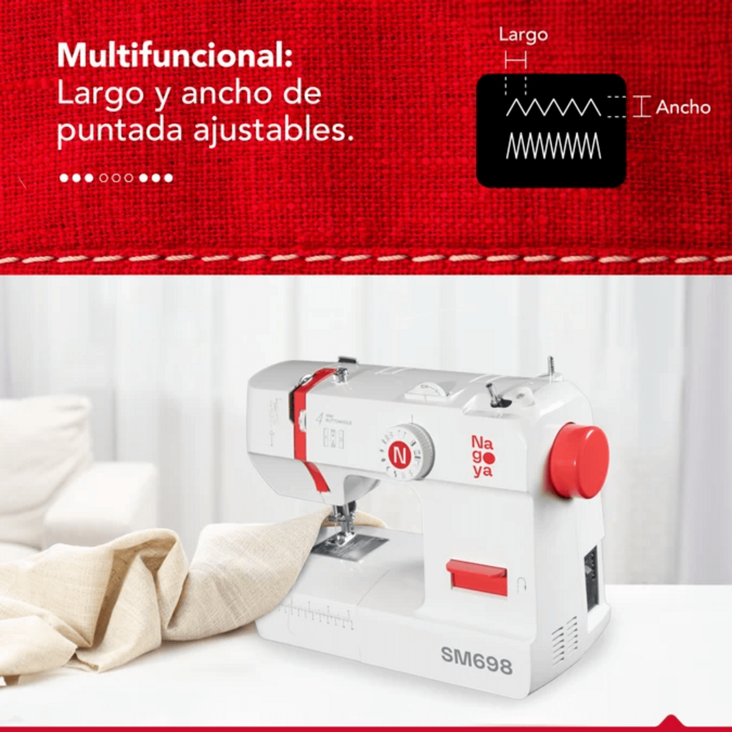 Máquina de Coser Nagoya SM698 12 Puntadas Ojal 4 Pasos LED con largo y ancho de puntada ajustables.