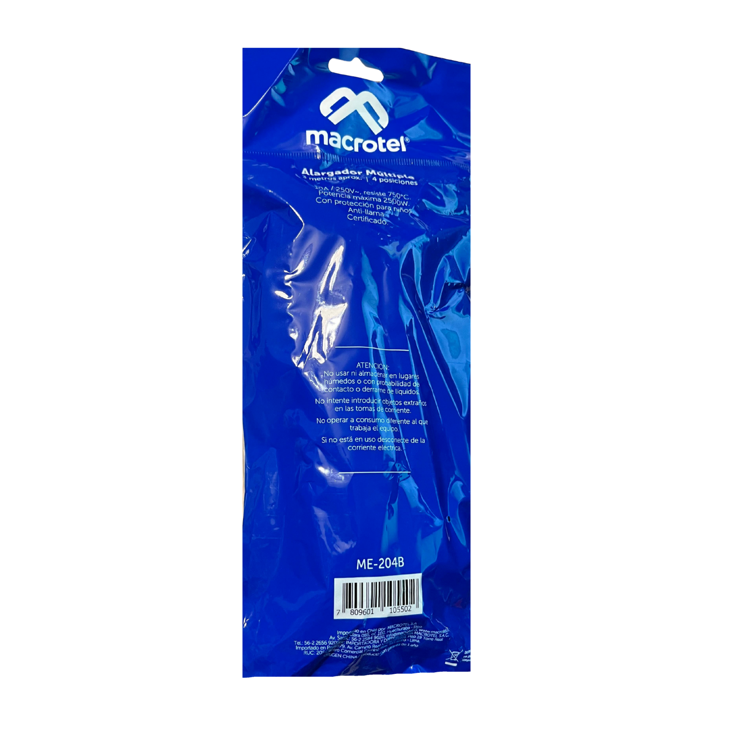 Alargador Zapatilla Macrotel 3 Mt 4 Pos 10A Negro