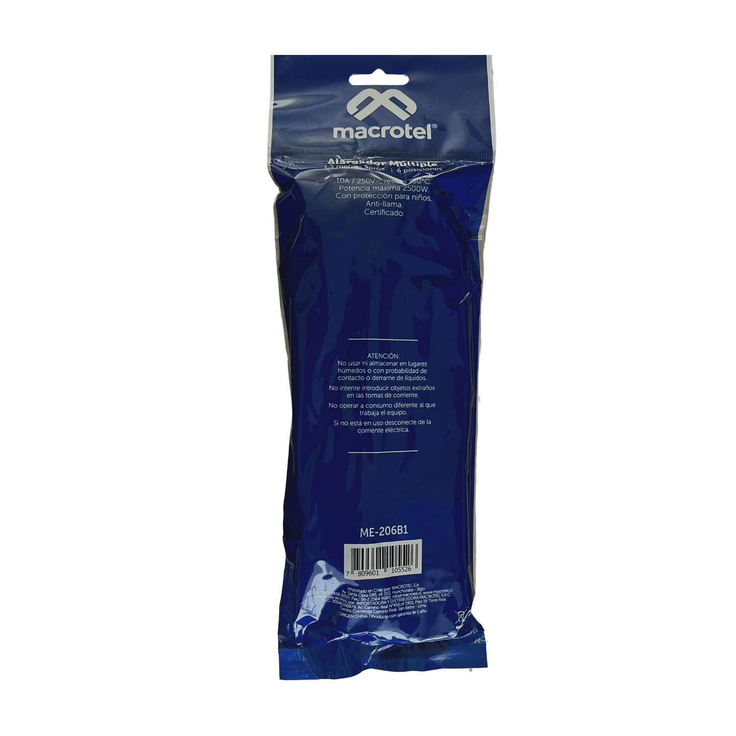 Alargador Zapatilla Macrotel 1,5 Mt 6 Pos 10A Negro