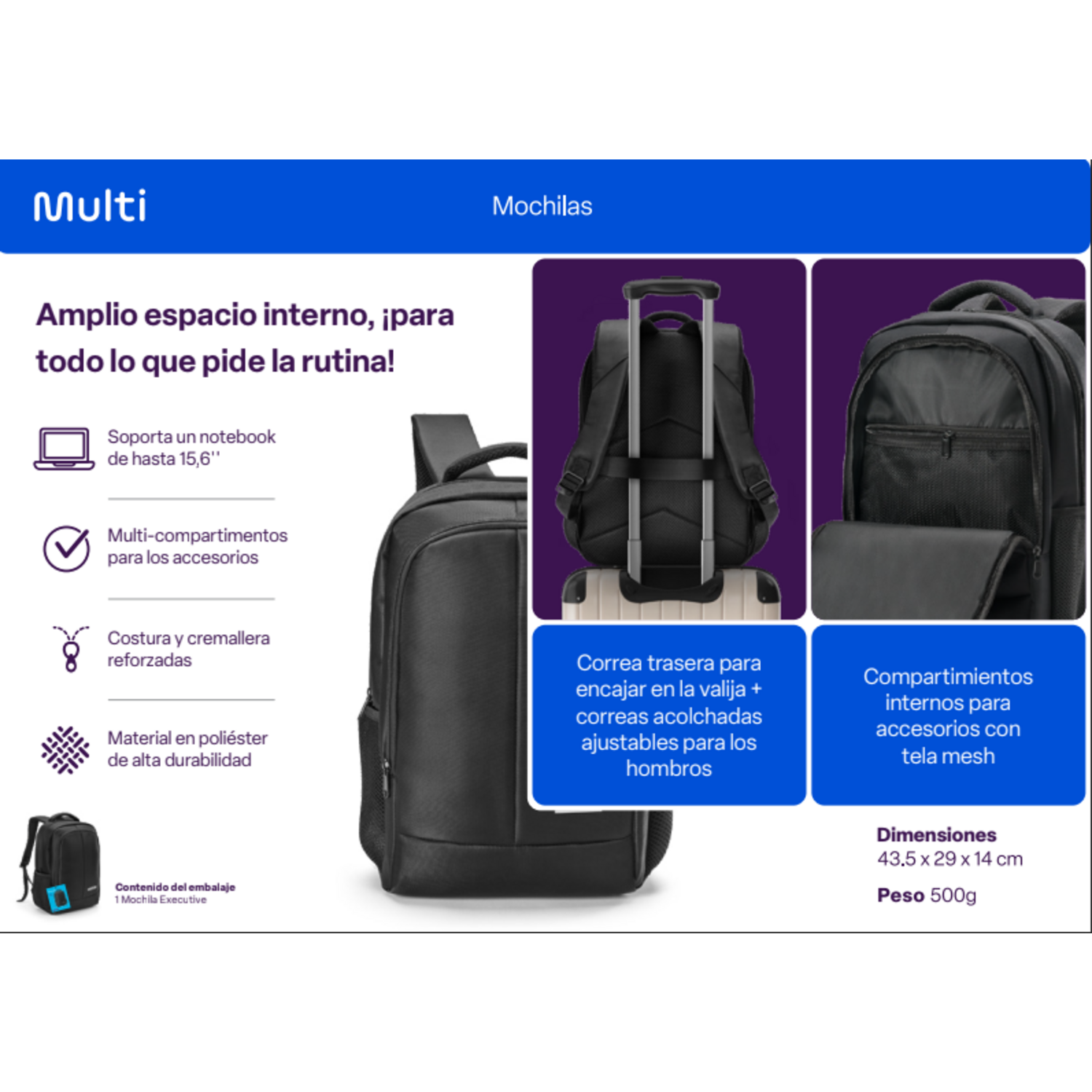 Mochila Notebook 15,6 Multilaser Executive Negro BO440 Multilaser New Horizons Chile New Horizons NHT.cl