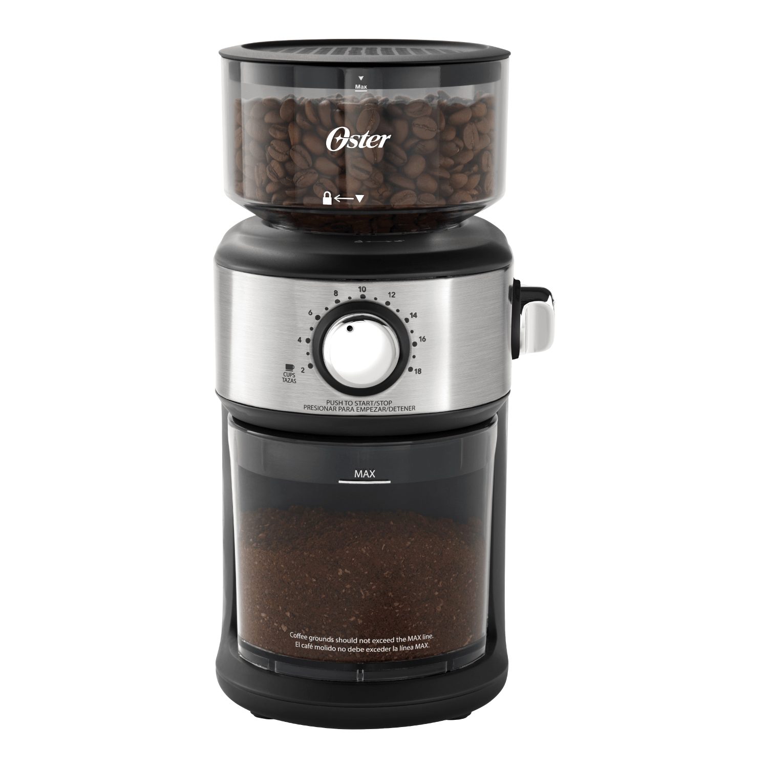 Molinillo de Café Oster Automático Muelas 18 Niveles 227g para café fresco con contenedor de granos.