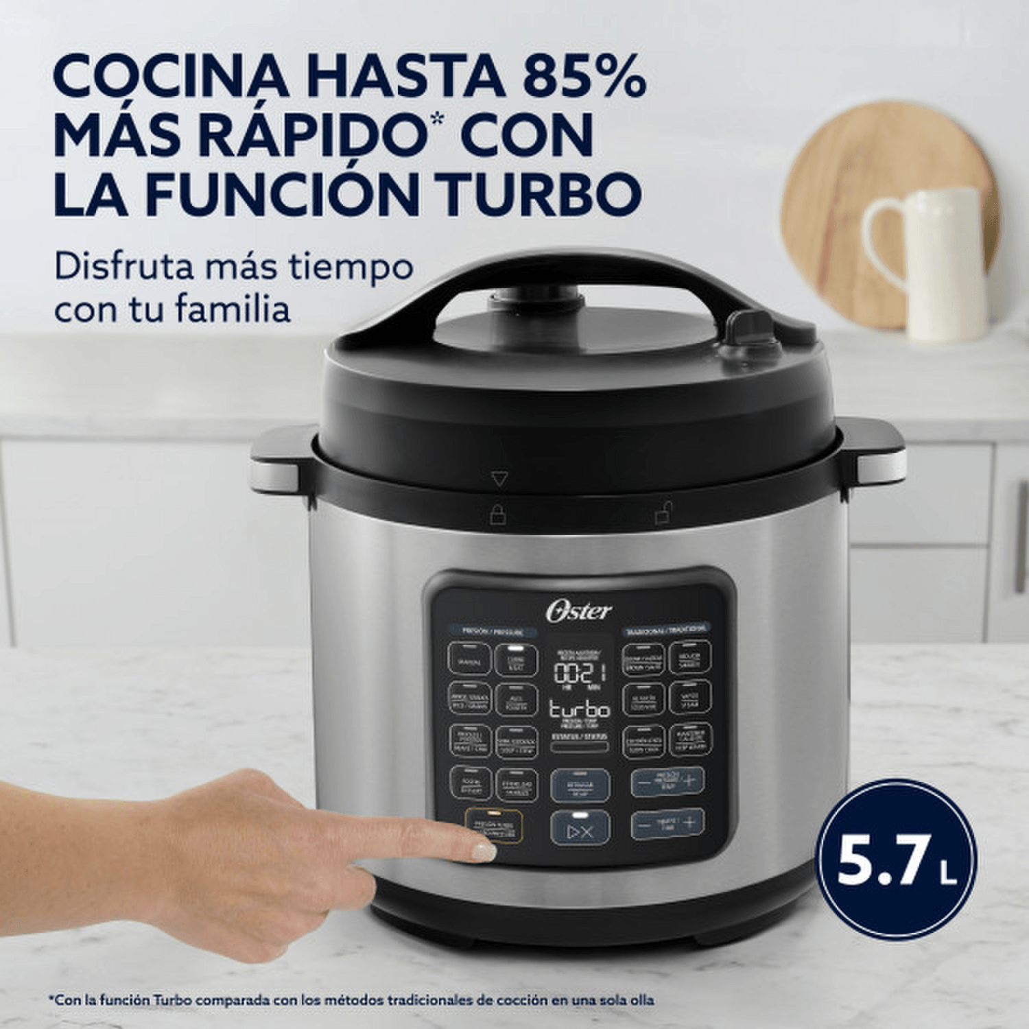 Multiolla Oster 5.7 L funciones con la función Turbo, ideal para cocinar más rápido y disfrutar con la familia.