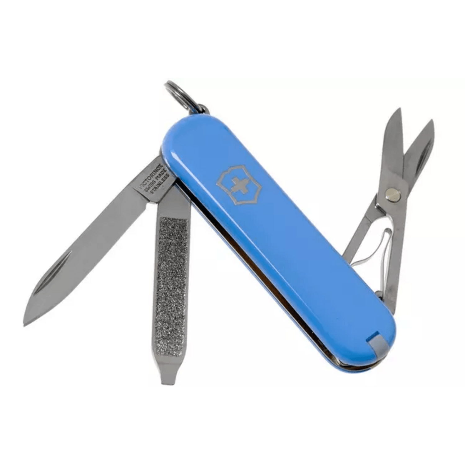 Navaja Cortapluma Victorinox Classic SD 58mm 7 Func Celeste con herramientas desplegadas y color azul celeste.