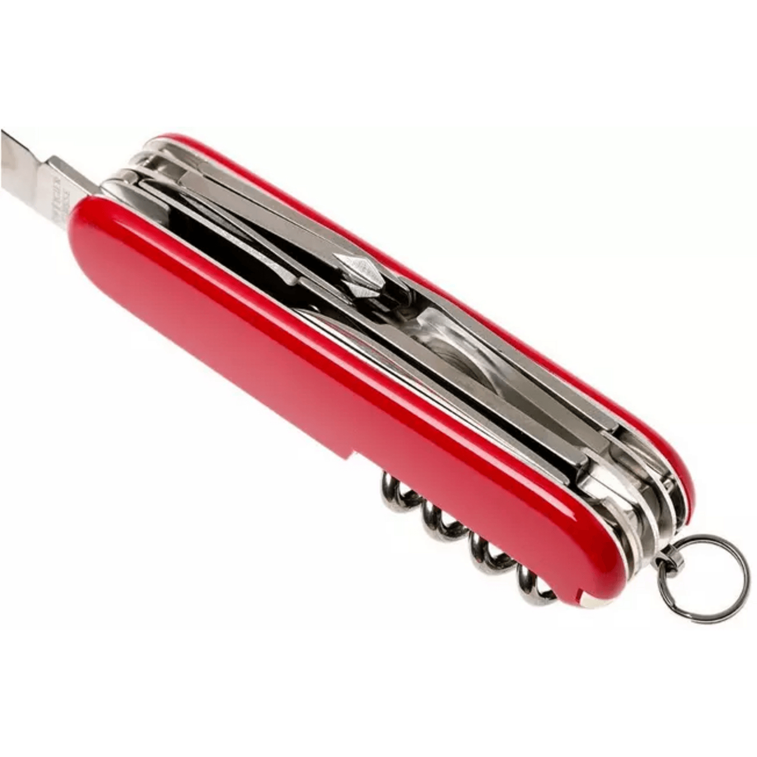 Navaja Cortapluma Victorinox Explorer 16 Func Roja 91mm Lupa vista lateral con múltiples herramientas desplegadas.