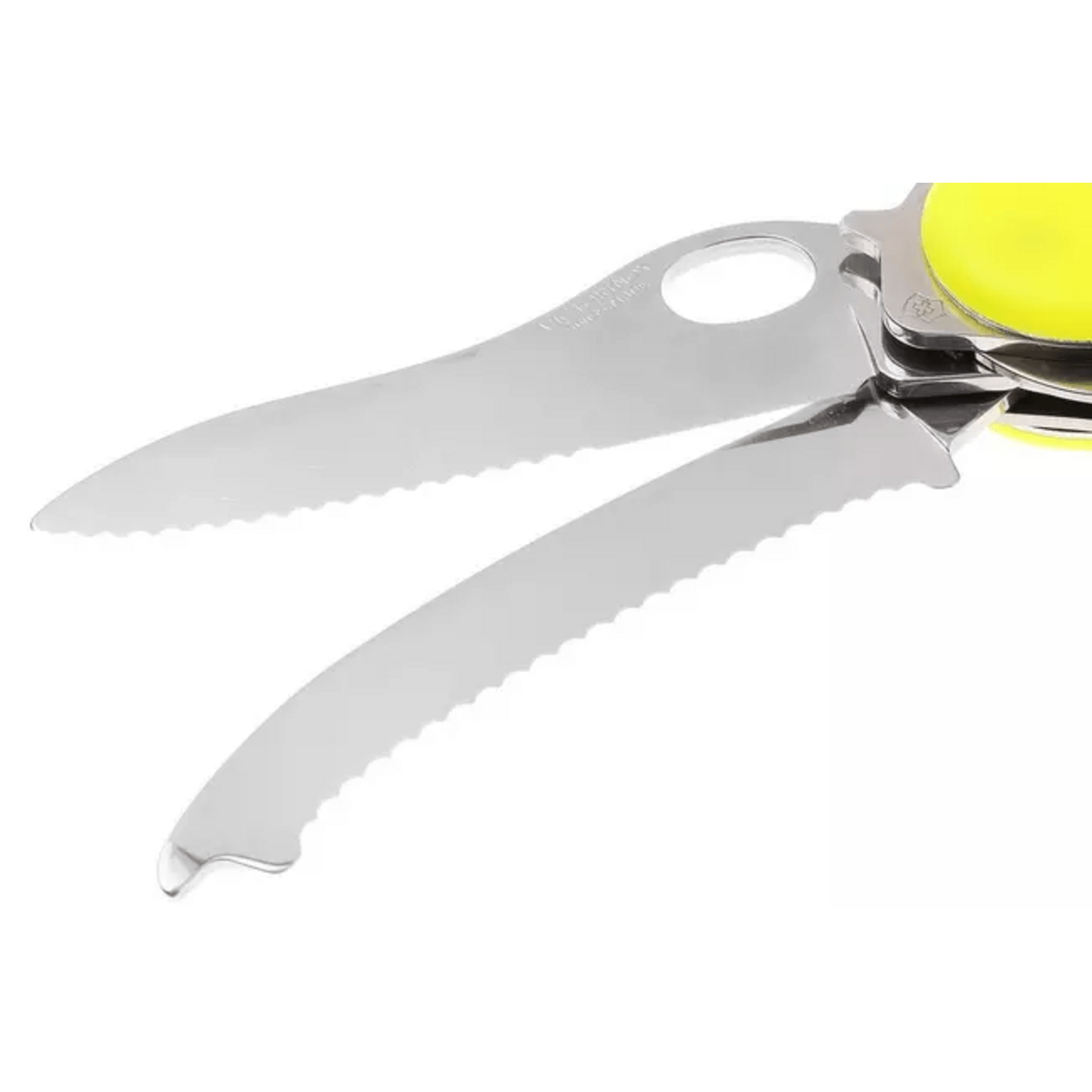 Navaja Cortapluma Victorinox Rescue Tool 111mm Auto Amarilla con hojas de sierra y mango amarillo.