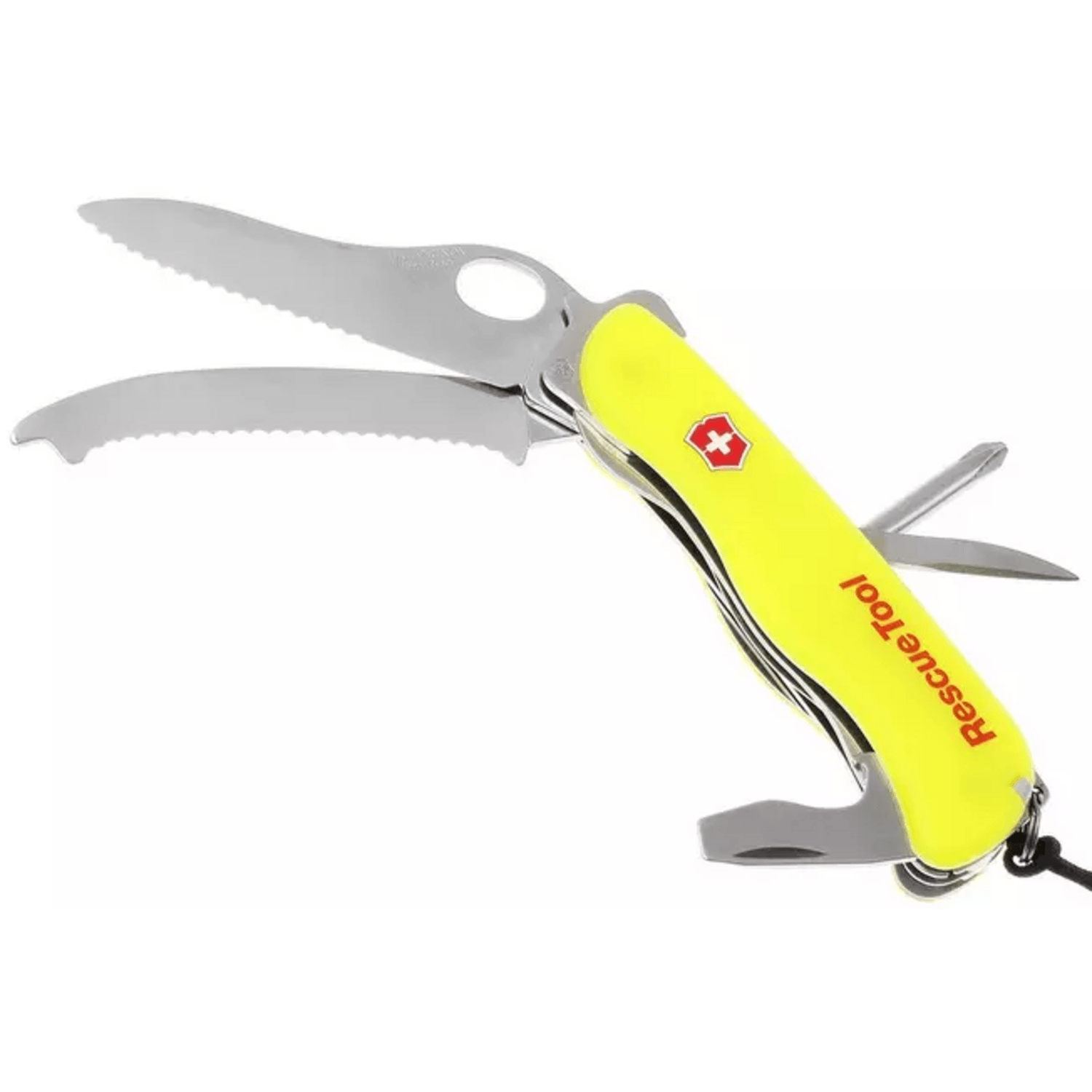 Navaja Cortapluma Victorinox Rescue Tool 111mm Auto Amarilla con empuñadura amarilla y hojas de acero inoxidable.