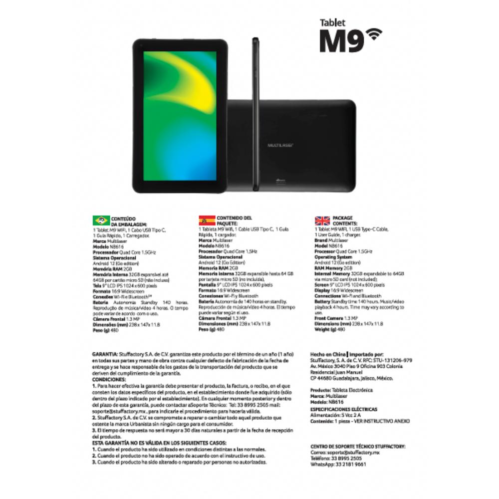 Tablet 9 Pulgadas Multilaser M9 2-32 NB616 Negro
