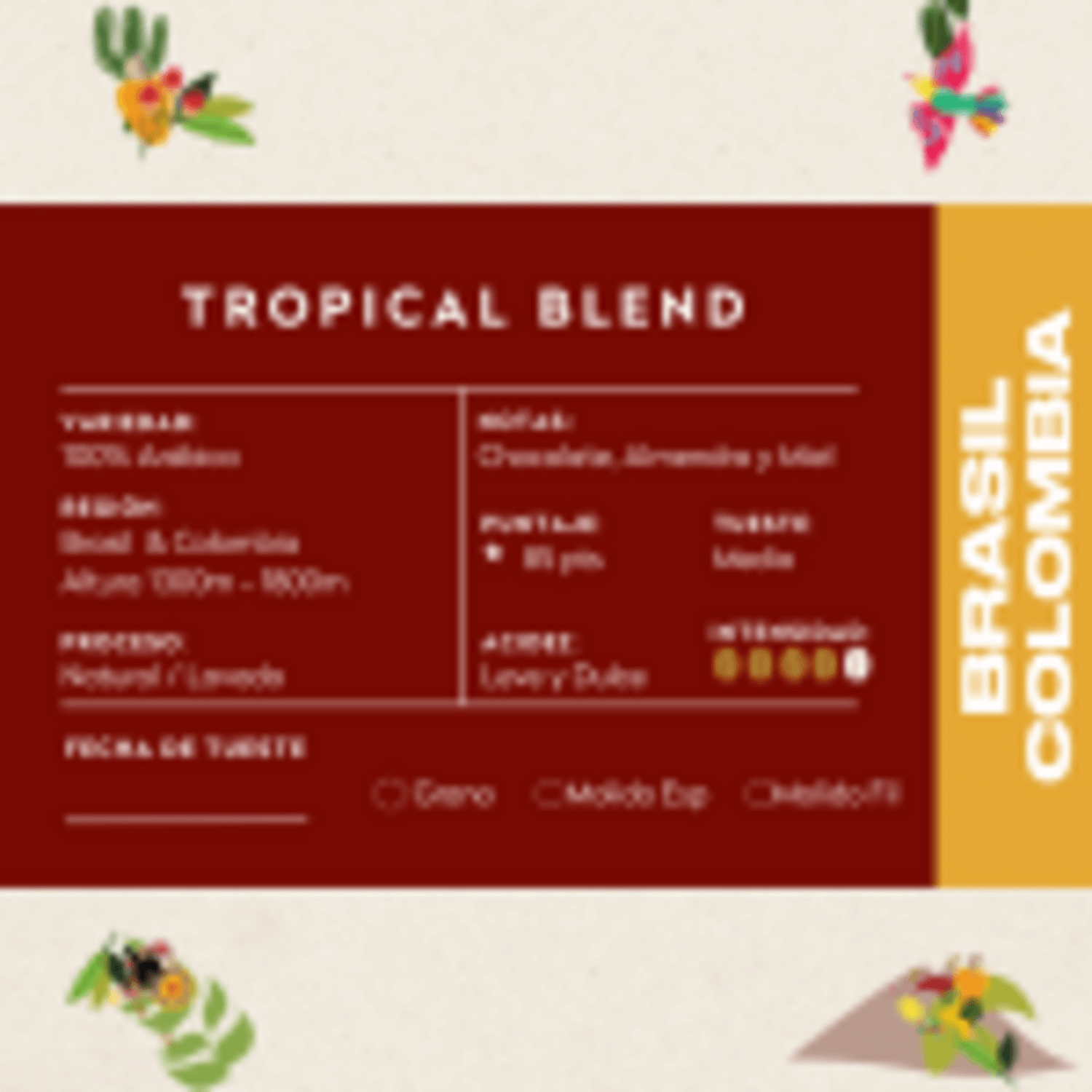 Cafe Molido Filtrado Nosso Cafe Justo Tropical Blend 250g packaging featuring Tropical Blend details.