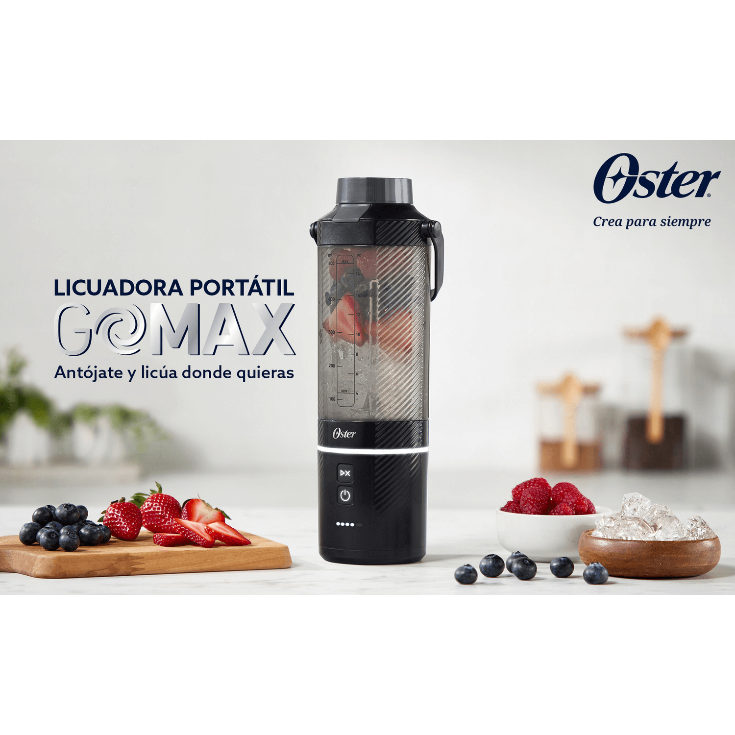 Licuadora Portatil Recargable USB-C Oster GoMax 590 ML Negro Oster New Horizons Chile New Horizons NHT.cl