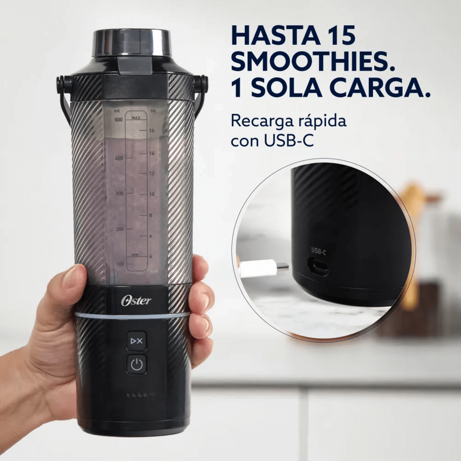 Licuadora Portatil Recargable USB-C Oster GoMax 590 ML Negro Oster New Horizons Chile New Horizons NHT.cl