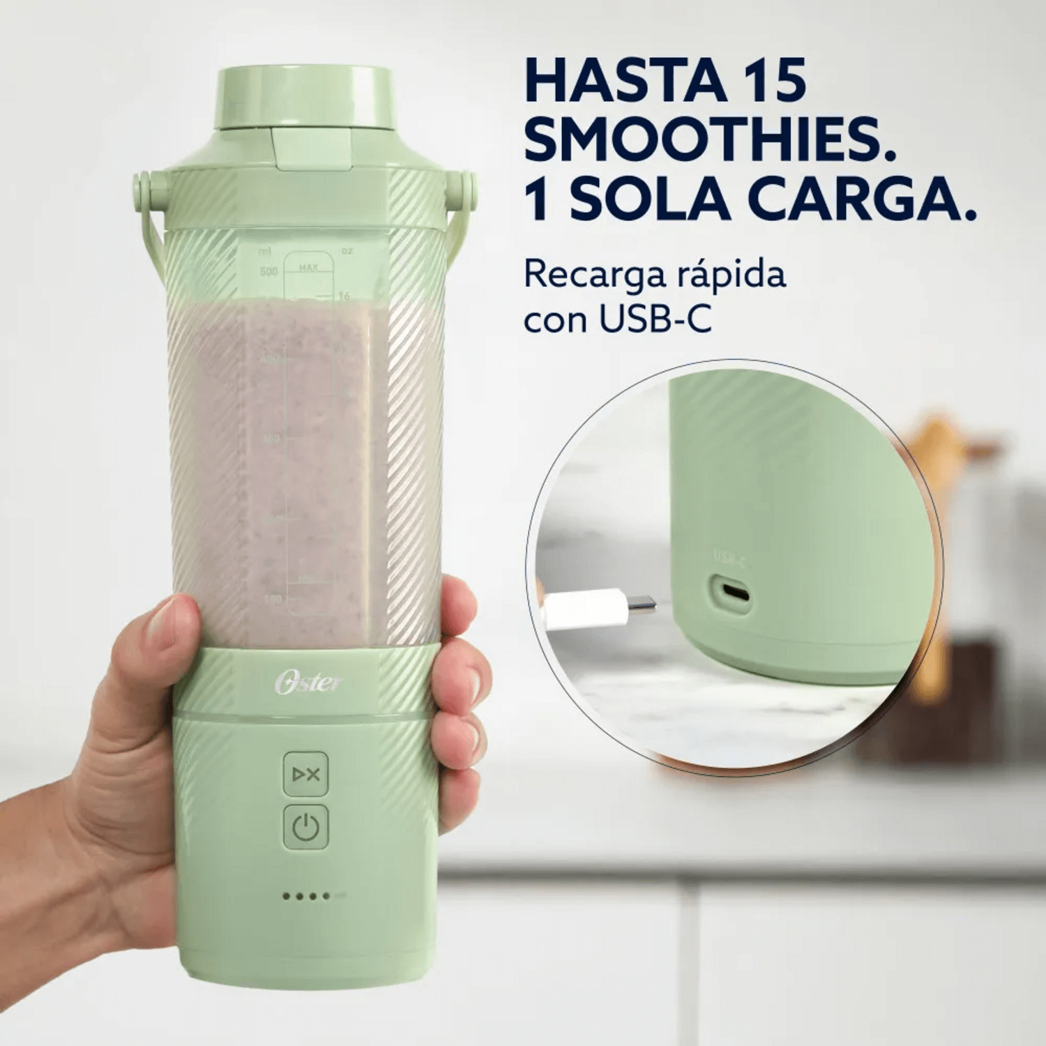 Licuadora Portatil Recargable USB-C Oster GoMax 590 ML Verde Oster New Horizons Chile New Horizons NHT.cl