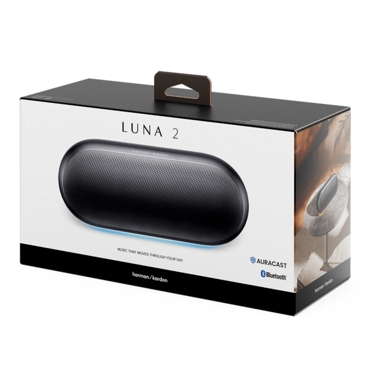 Parlante Bluetooth Harman Kardon Luna 2 IP67 12h 40W RMS en su empaque, ideal para música portátil.