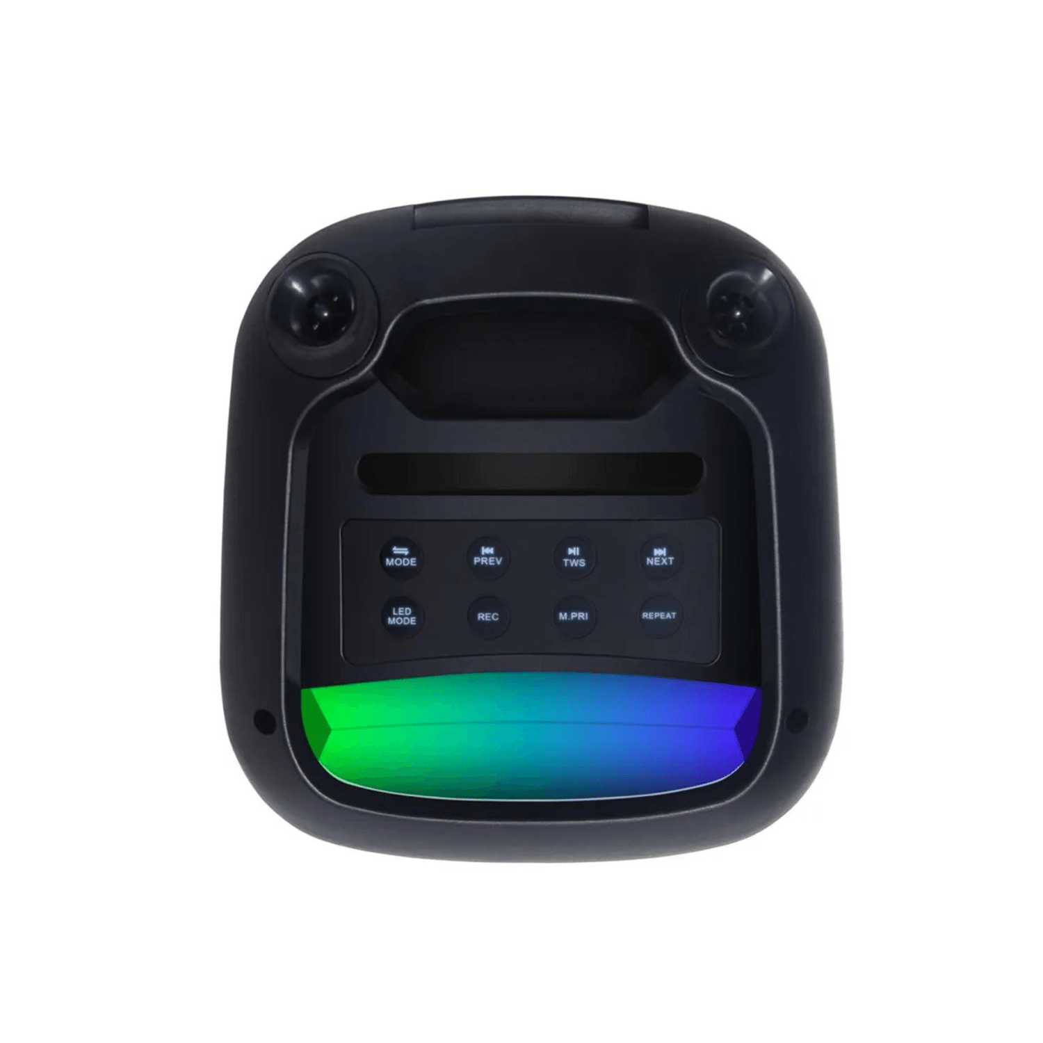 Control panel of Parlante Karaoke Energizer Joy Box BTS438 with dynamic LED lights and connectivity options.