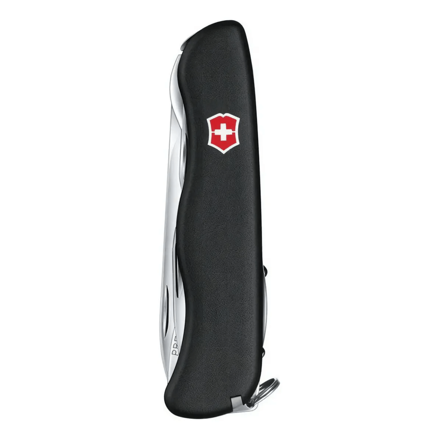 Navaja cortapluma Victorinox 111mm vista lateral con mango negro y logo de la marca.