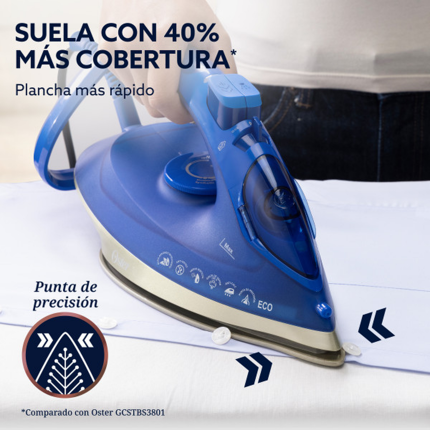 Plancha Oster AeroGlide Max S7800 con suela que posee 40% más cobertura para un planchado más rápido.