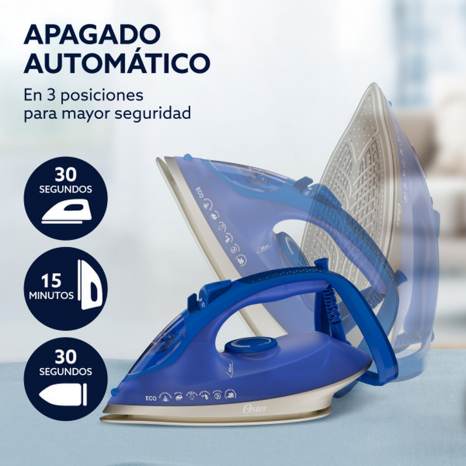 Plancha Oster AeroGlide Max S7800 con apagado automático y seguridad en 3 posiciones para planchado eficiente.