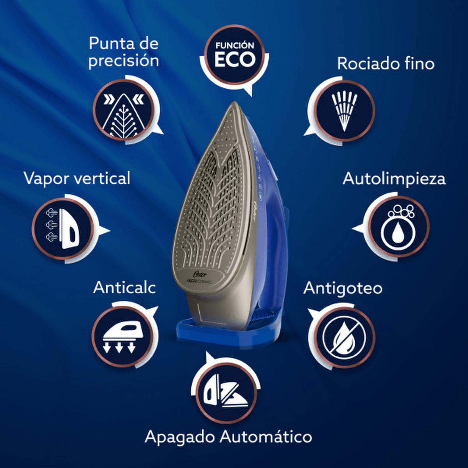 Plancha Oster AeroGlide Max S7800 con características como función Eco, vapor vertical y autolimpieza.