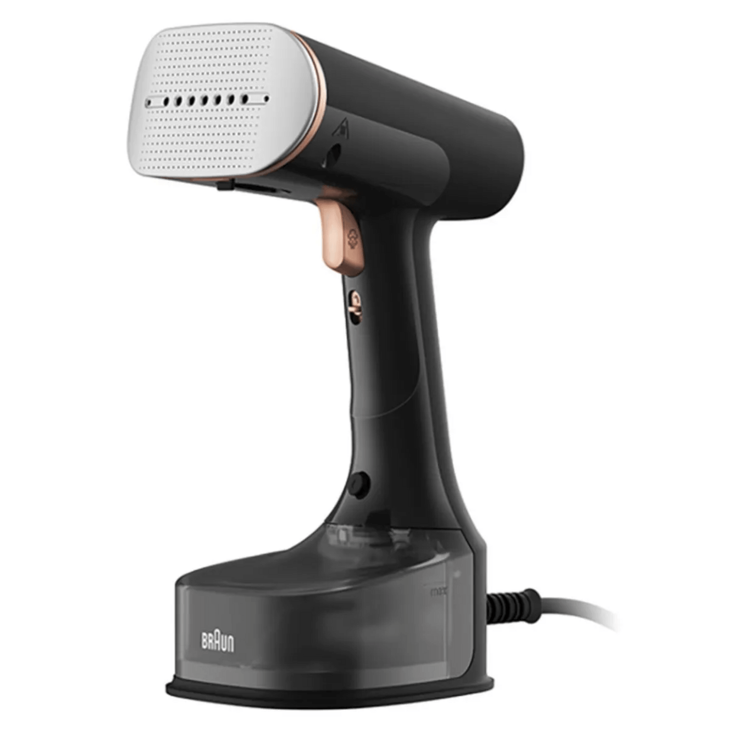 Plancha vertical Braun QuickStyle 7 1600W en color negro, ideal para alisar ropa de forma rápida y eficiente.