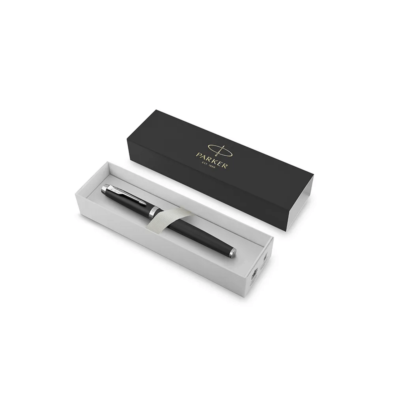 Pluma Fuente Parker IM Essential Negro Mate CT en caja elegante, diseño moderno y detalles en cromo.
