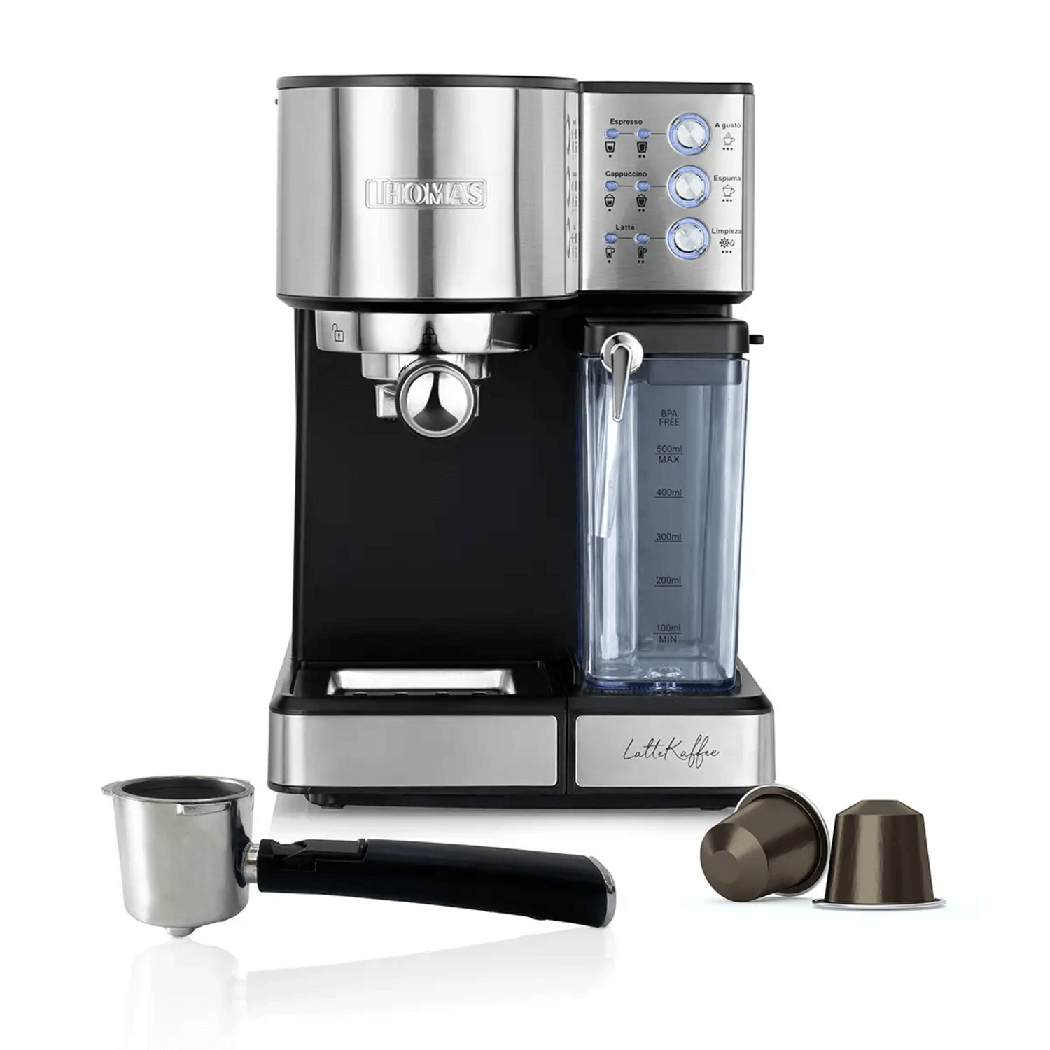 Cafetera Espresso Thomas TH-160 DeLi 15 Bar Espumador Latte con accesorios y tanque de agua.