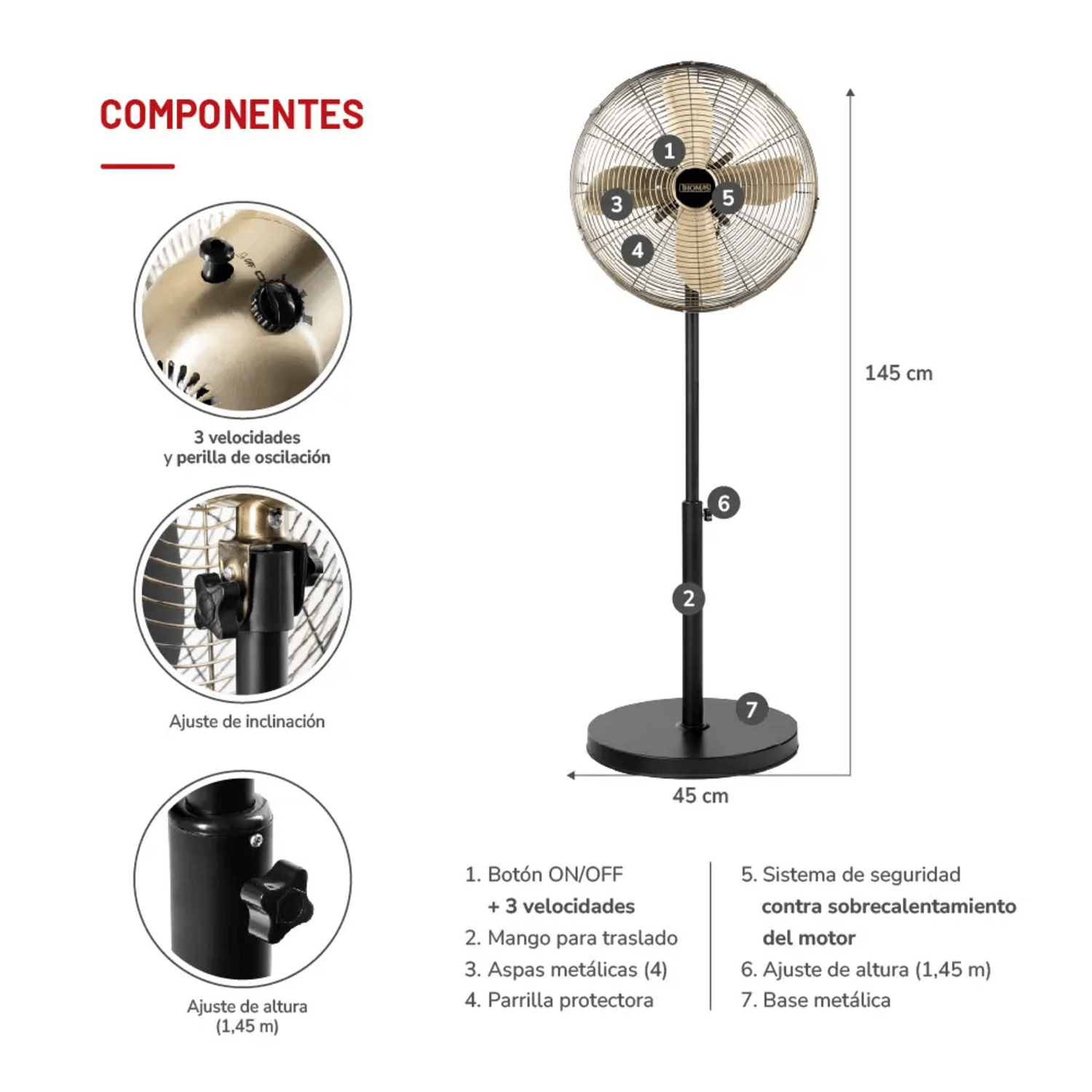 Ventilador De Pie Thomas TH-16BNP Gris Oscilante 50W 145 cm