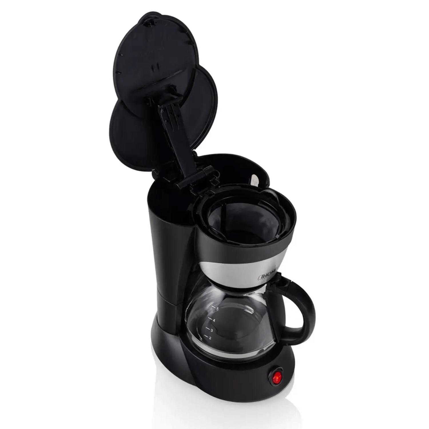 Cafetera Thomas TH-130 5 Tazas 750 ml Mantiene Calor Filtro con tapa abierta y jarra de café en vista.