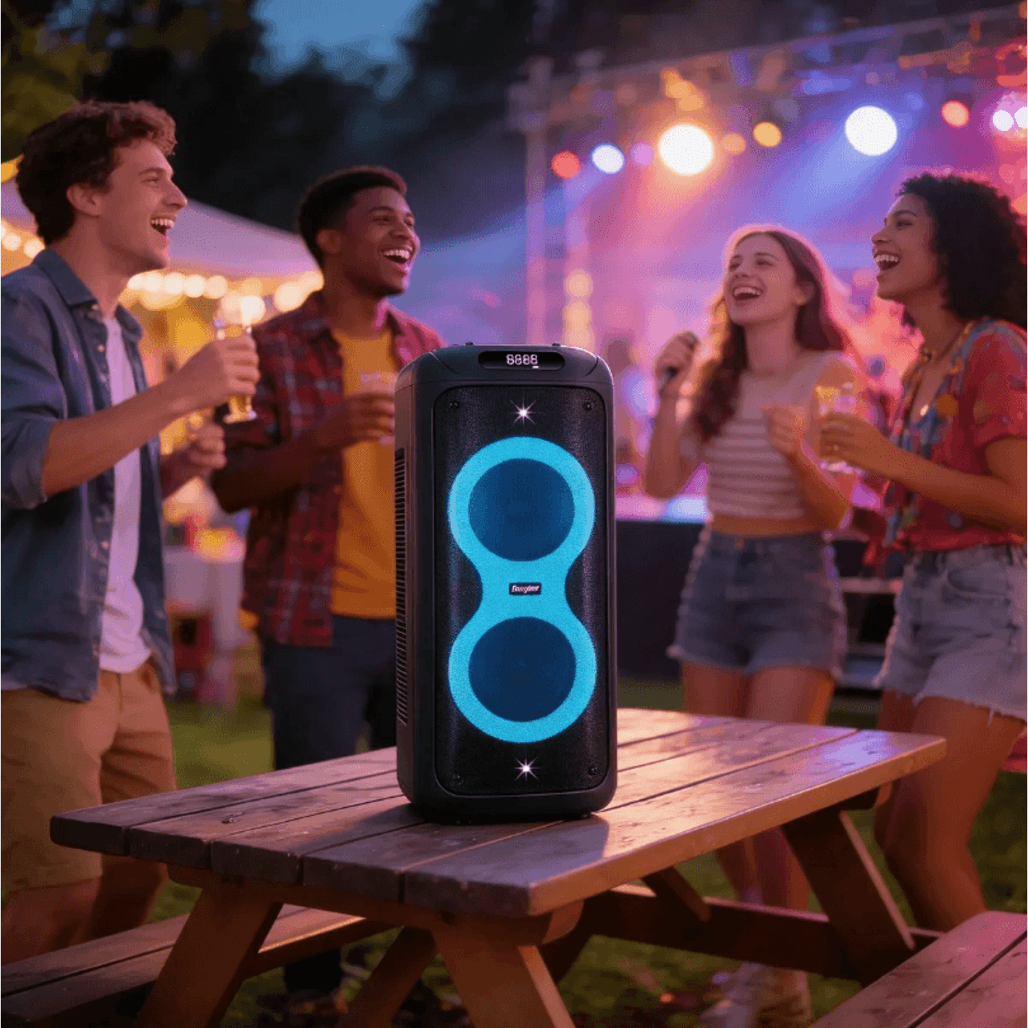 Grupo de amigos disfrutando con la Torre de Sonido Karaoke Energizer Titan Box BTS536 en una fiesta al aire libre.