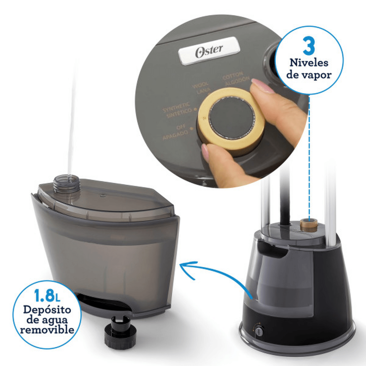 Vaporizador Centro De Planchado Oster 1800W Con Gancho 1,8L, depósito de agua removible y controles de vapor.