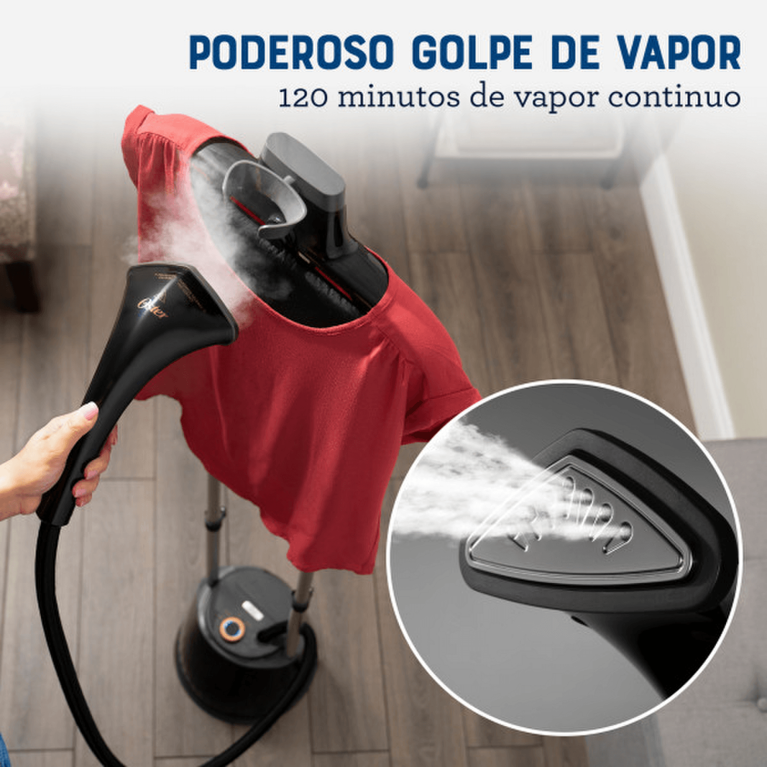 Vaporizador Centro De Planchado Oster 1800W Con Gancho 1,8L emitiendo vapor continuo para eliminar arrugas.