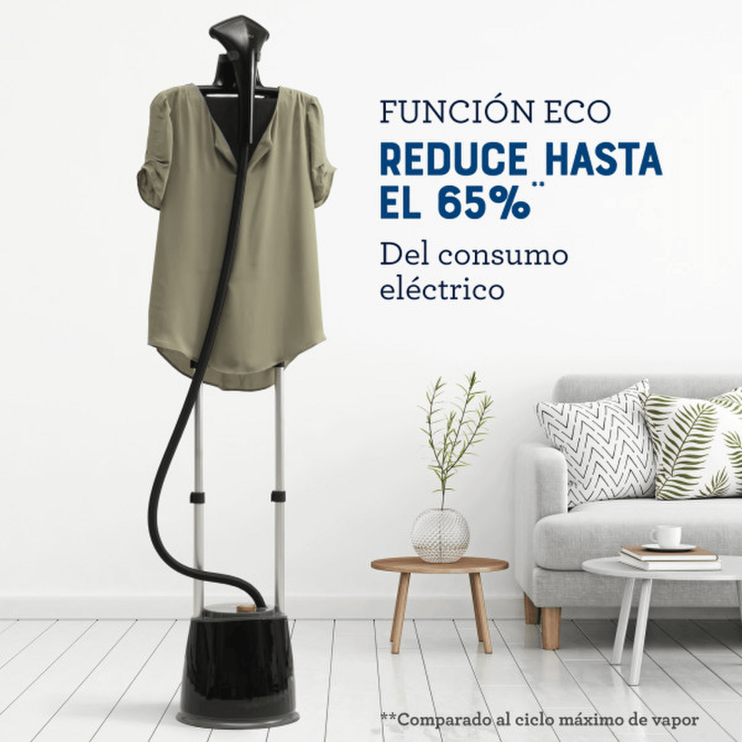 Vaporizador Centro De Planchado Oster 1800W Con Gancho 1,8L con camisa y mensaje de función eco.