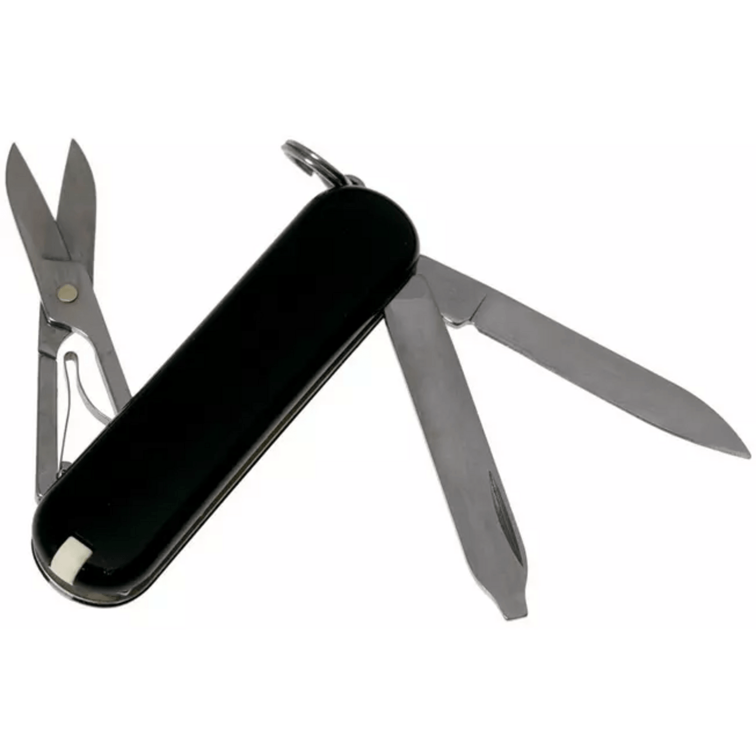 navaja cortaplumas Victorinox Classic SD, herramienta compacta negra con tijeras y cuchillas.