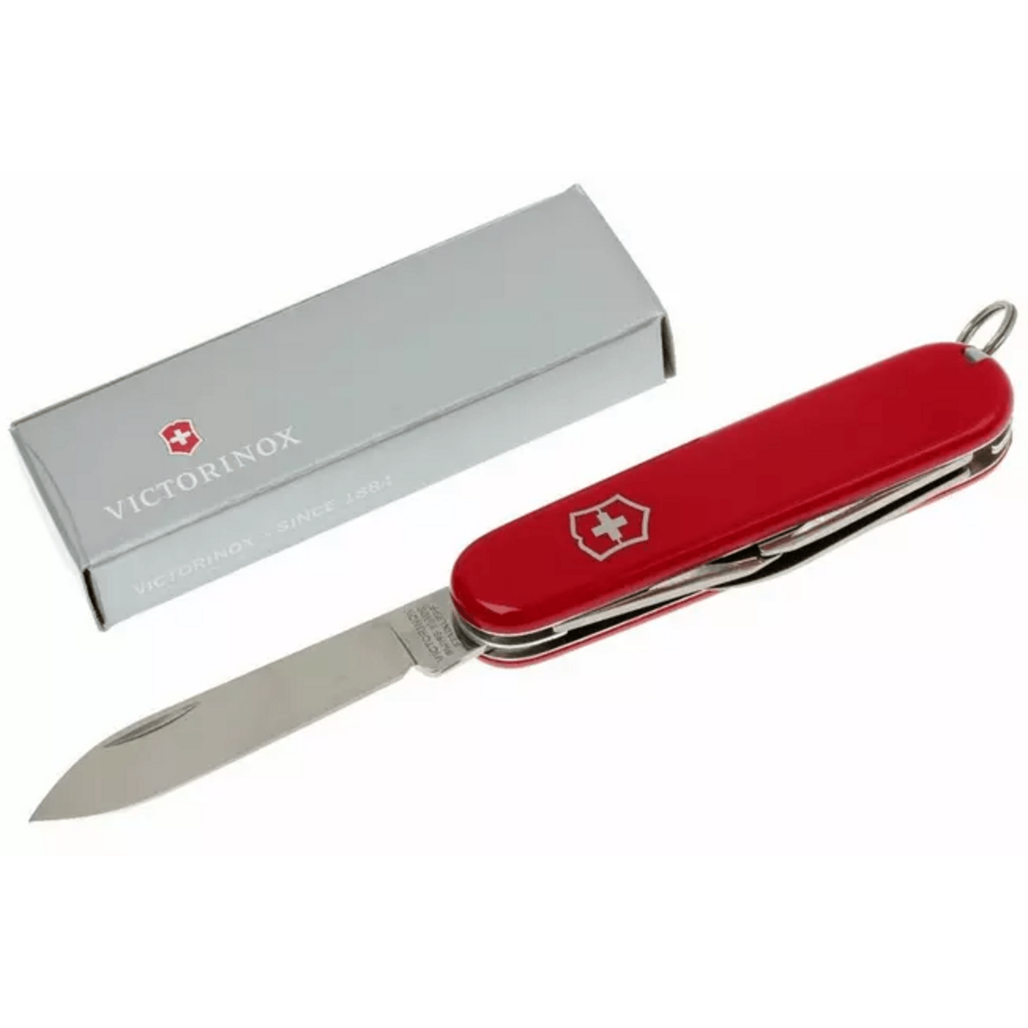 navaja suiza compacta Victorinox Recruit de 84mm en color rojo junto a su caja