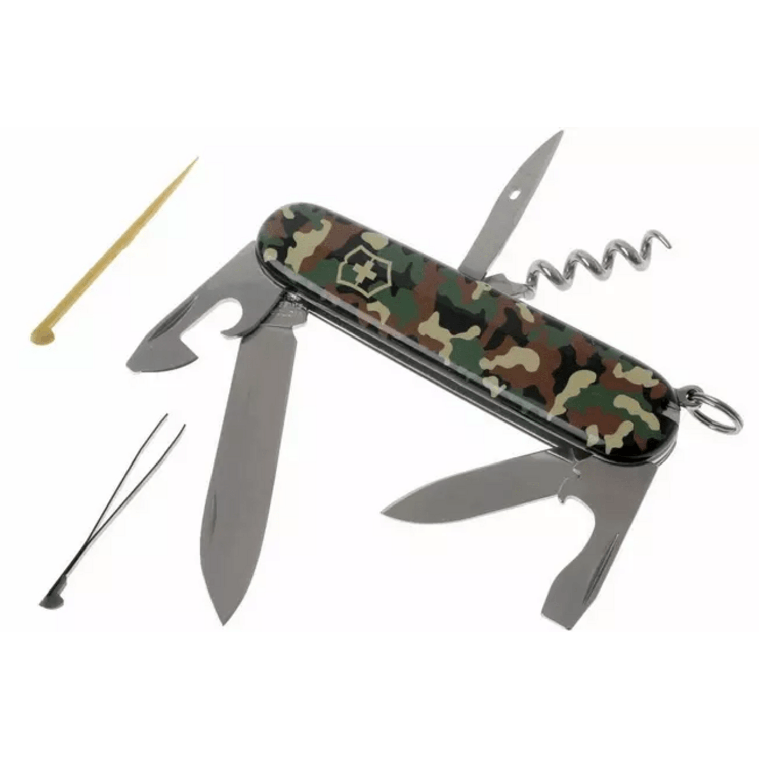 Navaja Victorinox Spartan 12 funciones camuflada, ideal para camping y uso diario, con diseño compacto y liviano.