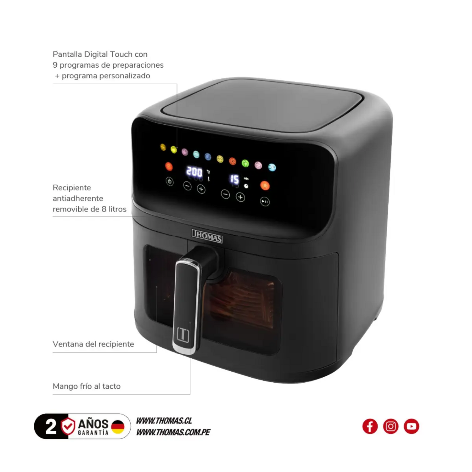 Freidora Air Fryer Thomas 8L Digital Touch Ventana 1700W