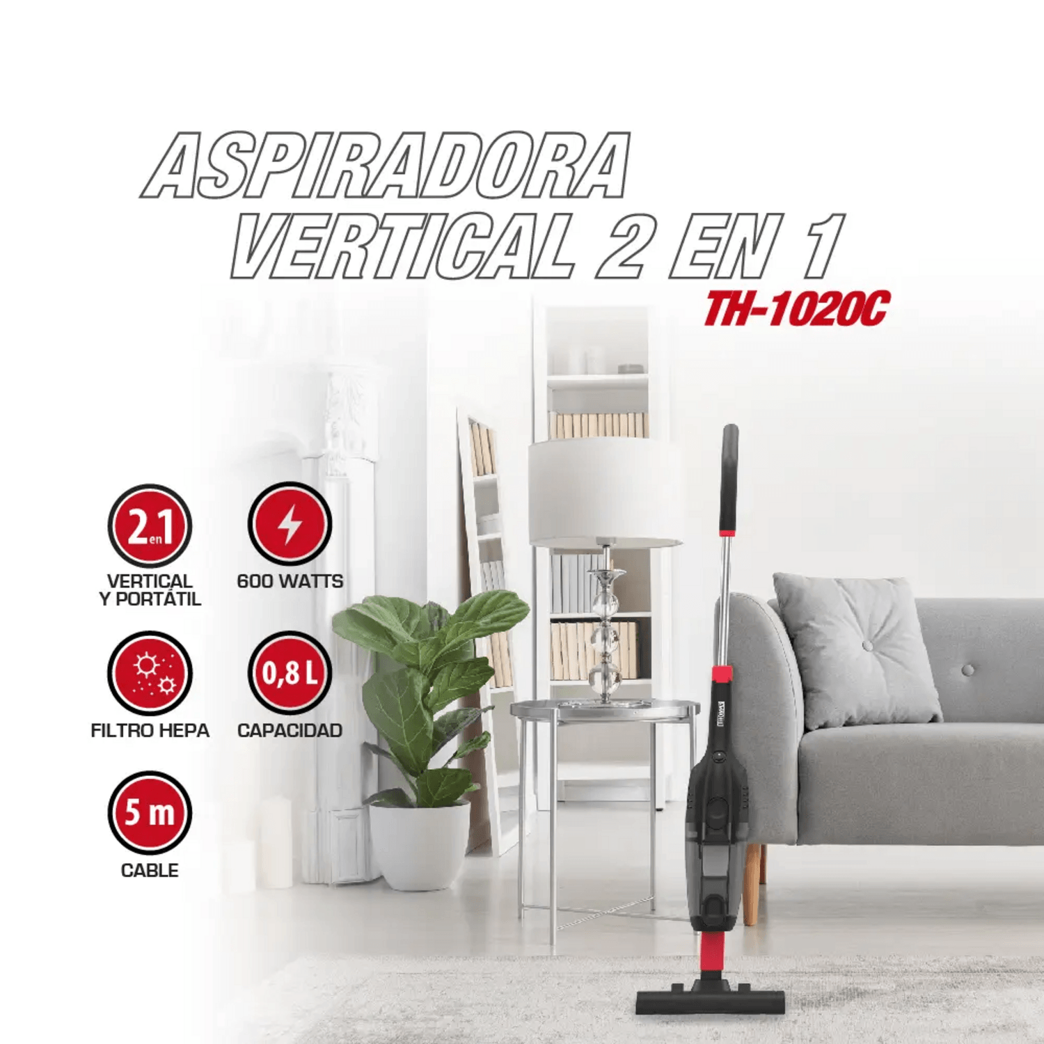 Aspiradora Vertical 2 en 1 Thomas TH-1020C Filtro HEPA 600W