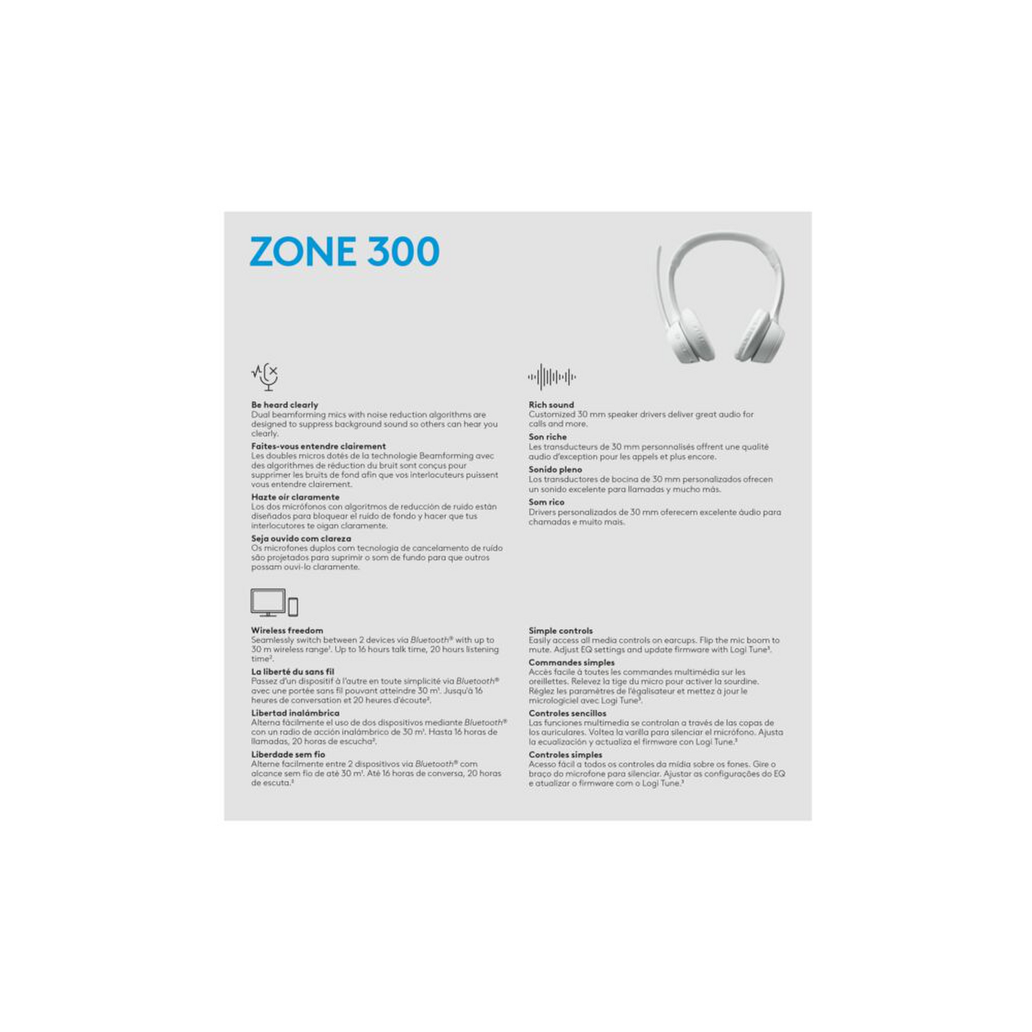 Audifono con Microfono Logitech Zone 300 Blanco 097855193681 Audifono by Logitech | New Horizons