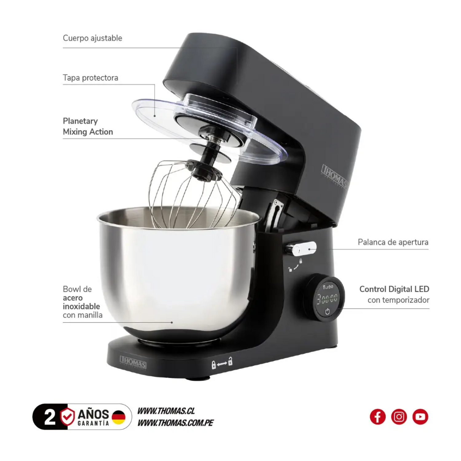 Batidora Planetaria Thomas TH-915PND 1000W Bowl 5L Acero