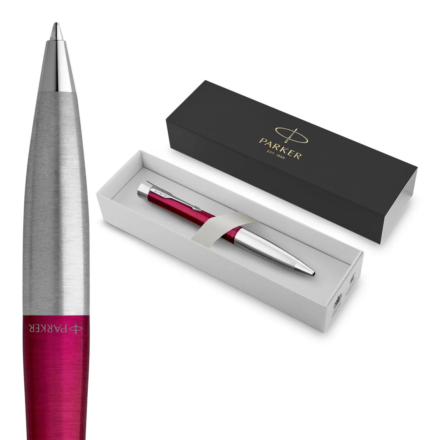 Boligrafo Parker Urban Vibrant Magenta Tinta Azul con estuche, elegante herramienta de escritura.