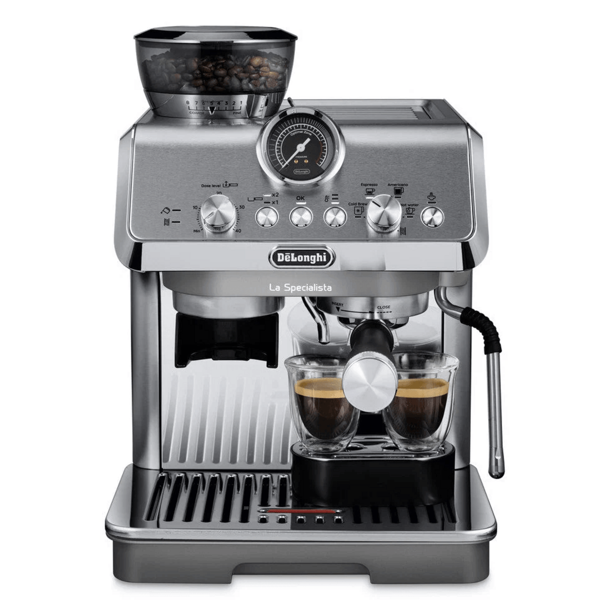Cafetera DeLonghi Specialista Arte Evo Cold Brew Café 250g con diseño elegante y molinillo integrado.