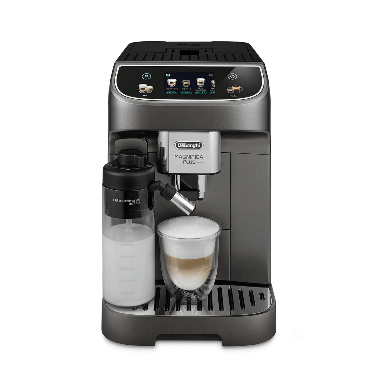 Cafetera DeLonghi Magnifica Plus con Café Nosso Grano 250g y bebida con leche servida en vaso