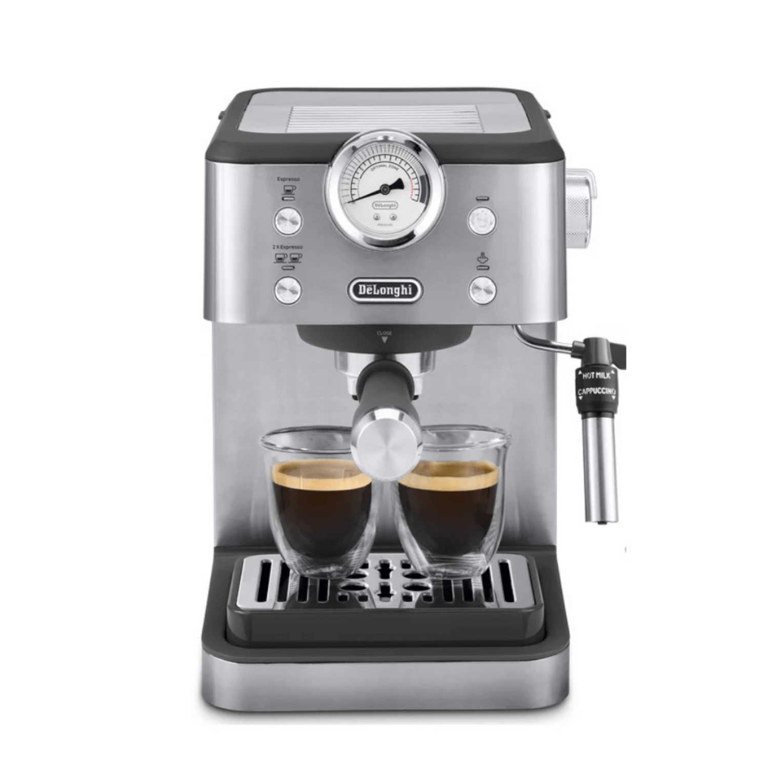 Cafetera Espresso DeLonghi EM450M 15 Bar + Café Molido 200g, máquina con dos tazas de espresso frescas.
