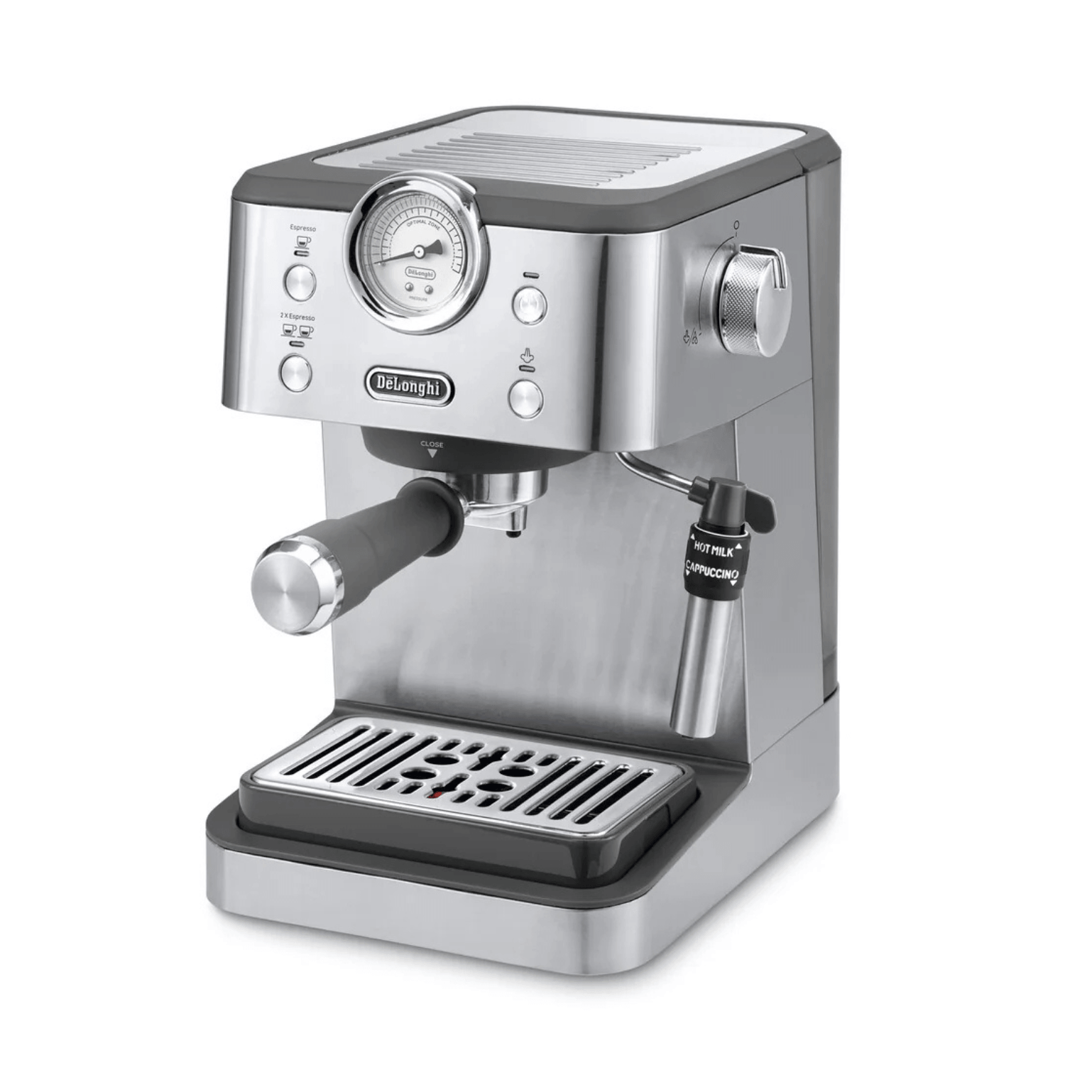 Cafetera Espresso DeLonghi EM450M 15 Bar + Café Molido 200g en diseño metálico con control de extracción.