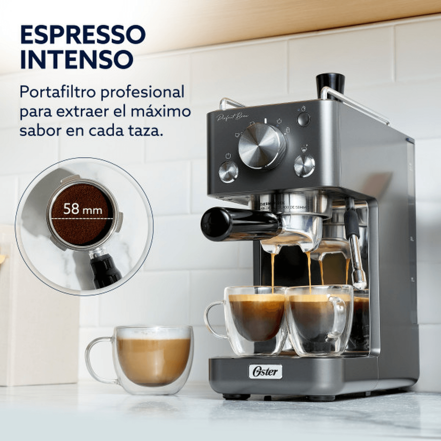 Cafetera Espresso Oster Perfect Brew 15 Bares 58 mm Compacta con portafiltro profesional de 58 mm.